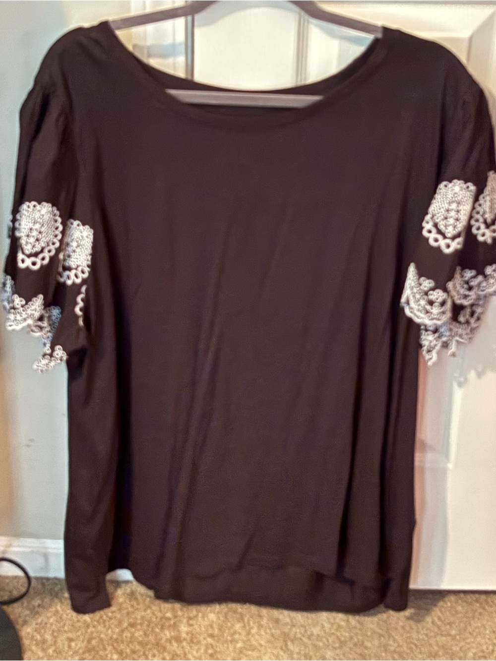 Talbots Black Short Sleeve Top with White Lace Trim